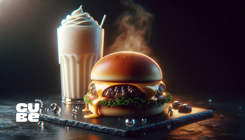 تصویر کلوزآپ برگر پنیرمحور کنار میلک‌شیک خامه‌ای؛ نمایش بافت کرمی و تضاد دمایی برای تعادل ادراک چربی