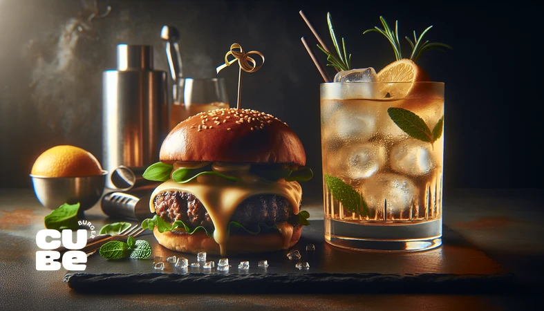 موکتل گازدار با پوست مرکبات و نعنا کنار برگر؛ تصویر مفهومی از جفتسازی موکتل و برگر با تمرکز بر عطر، اسید و تلخی