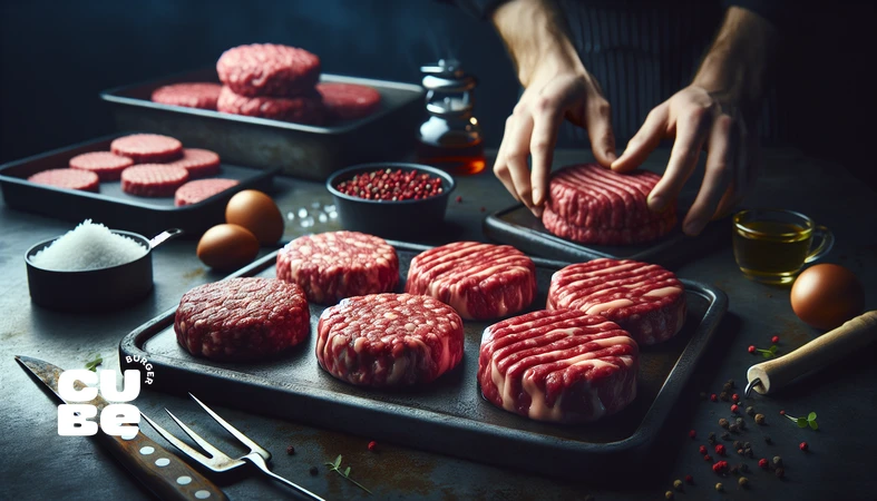 close-up of raw burger patties with different fat percentages on a steel surface, illustrating optimal fat percentage for juicy burger patty