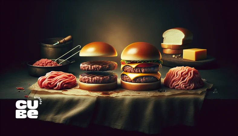 تکامل برگر از گوشت خردشده تا برگر مدرن با پتی گریل‌شده میان نان، در سبک عکاسی حرفه‌ای غذایی