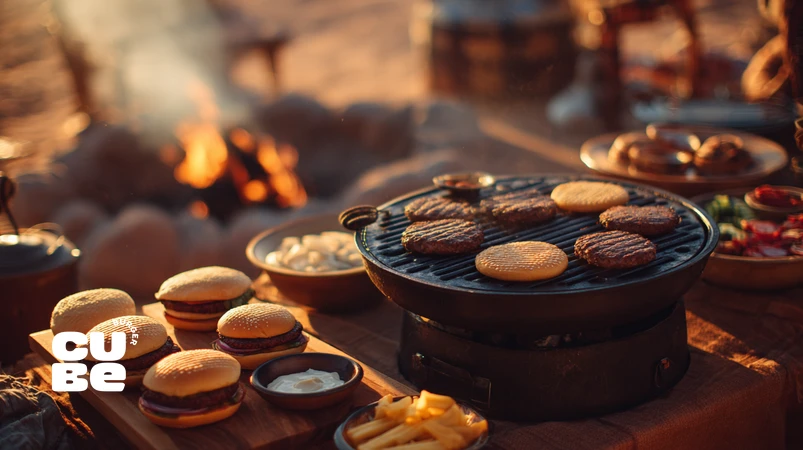 گریل کردن برگرهای حرفه‌ای در فضای باز با منقل زغالی و ایستگاه برگر منظم در یک پیک‌نیک طبیعت