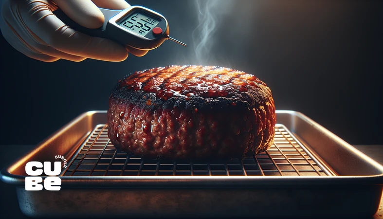 پخت برگر در فر با حفظ آبداری پتی؛ بررسی دمای مرکزی با دماسنج و کراست قهوه‌ای‌شده