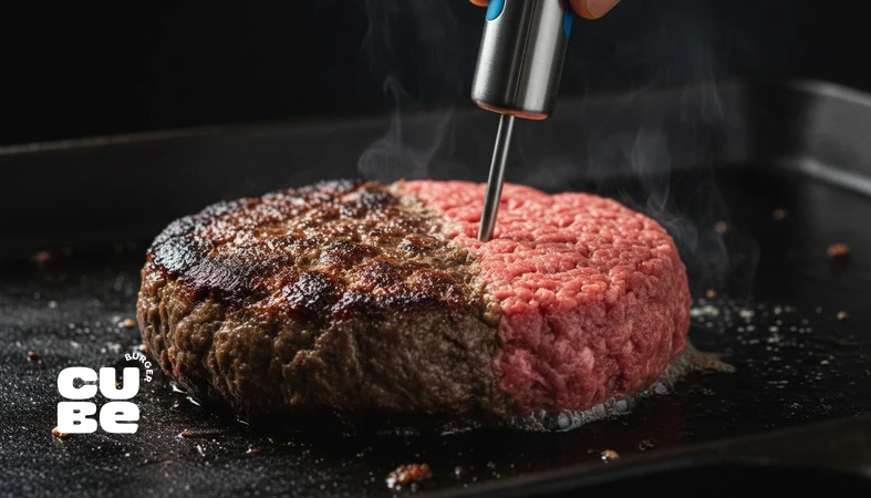 کلوزآپ پخت پتی برگر روی چدن با پوسته قهوه‌ای و اندازه‌گیری دمای داخلی؛ مقایسه روش پخت و کیفیت واقعی پتی