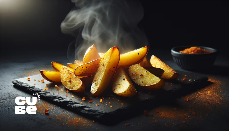 کلوزآپ ودج سیب‌زمینی ضخیم و پوست‌دار با پوسته طلایی ترد و بافت نرم داخلی؛ تصویر مرتبط با چالش تردی ودج