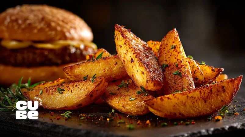 ودج سیب‌زمینی طلایی و ترد با ادویه پاپریکا و سبزی خشک در کنار برگر دست‌ساز؛ نمونه‌ای از ادویه‌کاری لایه‌لایه و پخت یکنواخت سیب‌زمینی