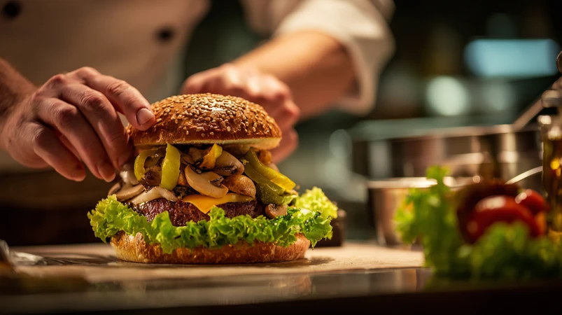 لایه‌بندی تاپینگ حرفه‌ای روی برگر؛ کاهو ترد، خیارشور، پیاز کاراملیزه، هالاپینو و قارچ تفت‌داده روی پتی آبدار برای تعادل طعم و بافت