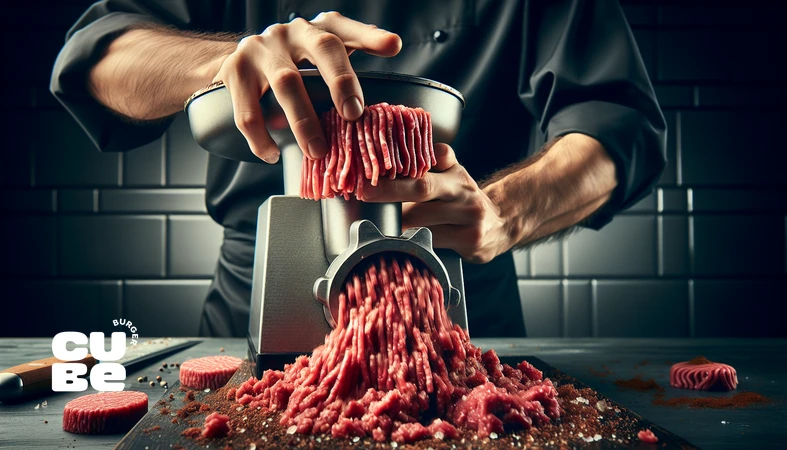 کلوزآپ چرخ‌کردن درست گوشت خنک برای پتی برگر با بافت دانه‌دار و چربی یکنواخت برای برگر حرفه‌ای