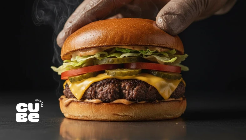 کلوزآپ برش‌خورده برگر در حال فشرده شدن با دست سرآشپز برای نمایش فشردگی و لقمه تکرارپذیر در مسیر جویدن