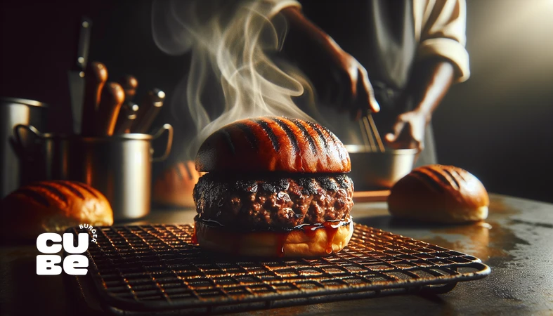 استراحت دادن پتی برگر روی رک فلزی برای حفظ آبداری و کیفیت برگر گورمه در آشپزخانه حرفه‌ای