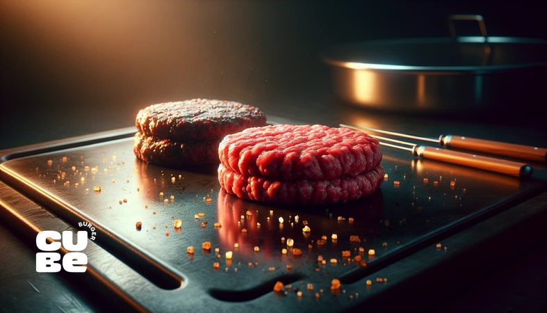 close-up comparison of fresh burger patty and low-quality grayish patty illustrating risks of low quality meat in burgers