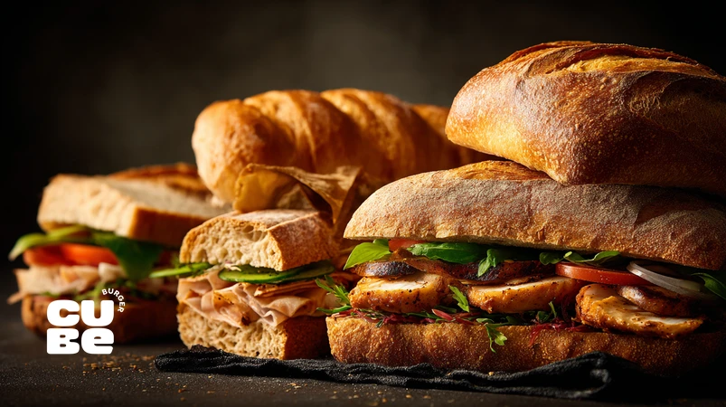 کلوزآپ انواع نان ساندویچ با تمرکز بر بافت نان، رطوبت و ساختار لقمه برای مهندسی نان ساندویچ حرفه‌ای