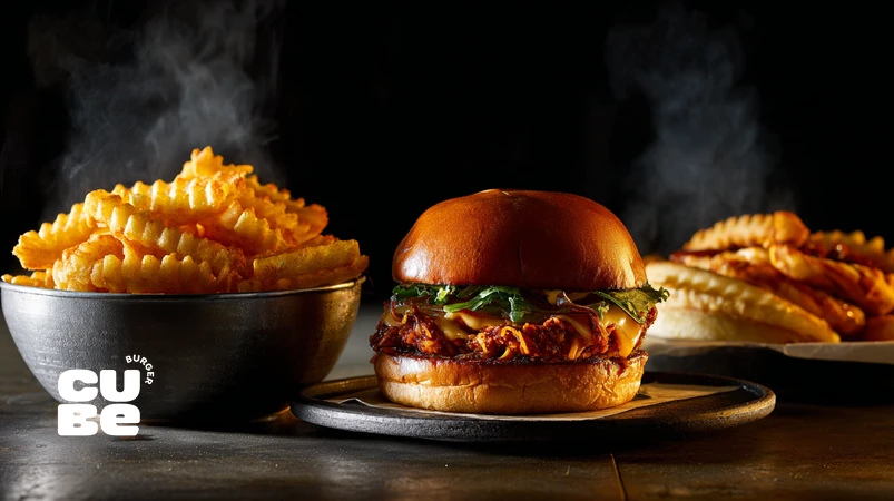 ارزیابی تخصصی ساندویچ و سیب‌زمینی سرخ‌کرده کنار برگر با تمرکز بر تردی، ادویه و کیفیت سرو