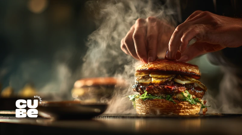 کلوزآپ حرفه‌ای از لایه‌بندی ساندویچ برگری با نان تست‌شده، پنیر ذوب‌شده، پتی آبدار، سبزیجات ترد و سس غلیظ برای نمایش هنر لایه‌بندی و ساختار لقمه