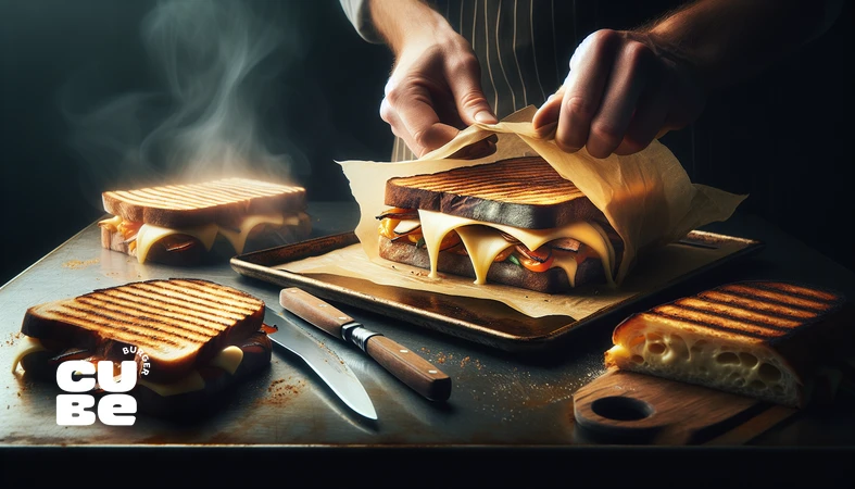 کلوزآپ پیچیدن حرفه‌ای و برش مورب ساندویچ برای کنترل دما و رطوبت و جلوگیری از ریزش مواد