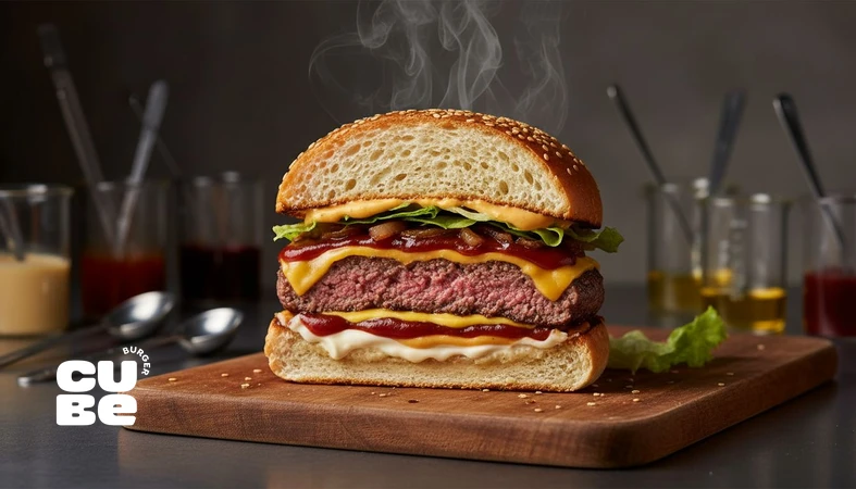 کلوزآپ مقایسه سس‌های برگری روی برگر؛ نمایش لایه‌های مایونز، کچاپ، خردل و باربیکیو برای تحلیل طعمی و عملکردی