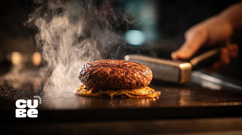 کلوزآپ اسماش برگر روی فلت‌تاپ داغ با لایه طلایی مایارد و فشار سرآشپز، نمایش تکنیک اسماش برگر و واکنش مایارد