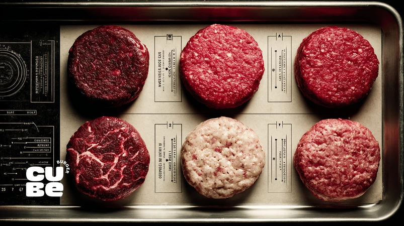نمونه پتی‌های برگر با blend هوشمند گوشت گاو و گوسفند و درصدهای مختلف چربی برای ساخت برگر امضادار