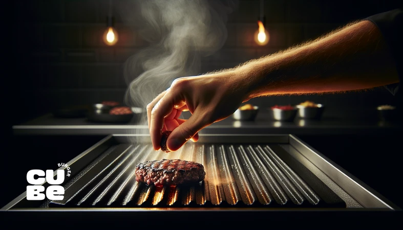 کلوزآپ اسمش‌برگر روی گریل داغ با لبه‌های ترد و کاراملی، مناسب مقاله تاریخچه اسمش‌برگر و تکنیک smash burger