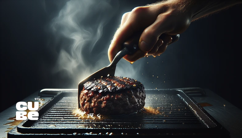 کلوزآپ اسماش برگر روی صفحه چدنی با کراست قهوه‌ای و واکنش Maillard هنگام فشار دادن پتی