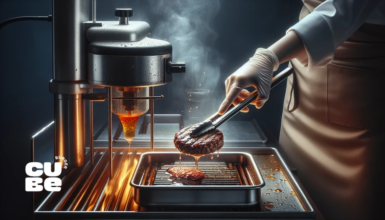 پخت Sous Vide برگر با پتی ضخیم در وان سووید و سِر نهایی روی گریل برای آبداری و کنترل دما