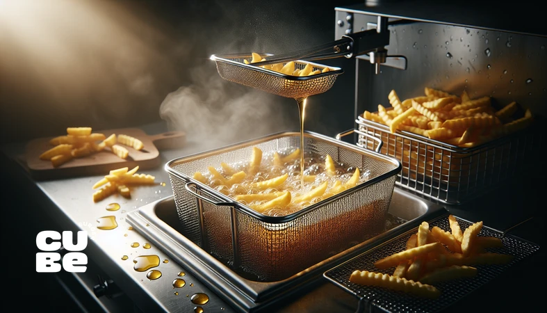 کلوزآپ فرایز طلایی و ترد در حال خروج از سبد سرخ‌کن؛ تصویر مرتبط با پروتکل تردی پایدار فرایز از پیش‌پخت تا شوک حرارتی نهایی