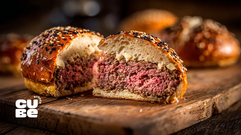 مقایسه نان برگر استاندارد شامل نان بریوش، نان سیبم و نان سیب‌زمینی کنار یک برگر گورمه برش‌خورده برای نمایش بافت نان و پتی