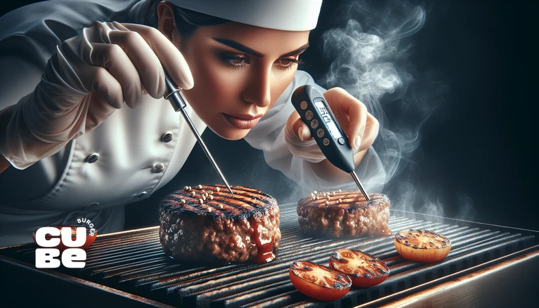 نمای نزدیک از اندازه‌گیری دمای استاندارد پخت پتی برگر با دماسنج در گریل حرفه‌ای برای تعادل ایمنی و آبداری