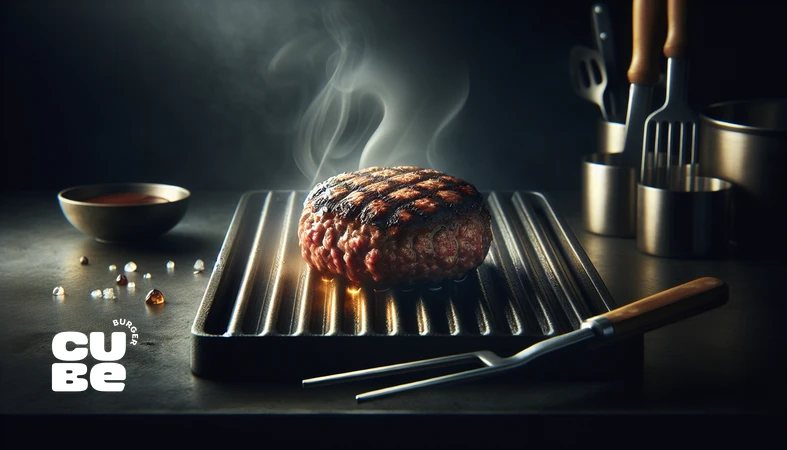 کلوزآپ برگر انگوس روی گریل با بافت گوشت و ماربلینگ واضح برای مقاله برگر انگوس چیست