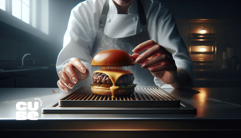 کلوزآپ چیزبرگر حرفه‌ای با پتی گریل‌شده و پنیر در حال ذوب روی آن، در سبک عکاسی مجله غذایی برای توضیح چیزبرگر چیست و نقش پنیر در برگر