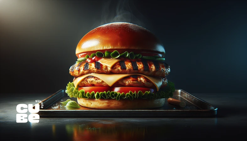 چیکن‌برگر گریل شده حرفه‌ای با پتی مرغ آبدار و نان برگر، نمونه‌ای از برگر مرغ مهندسی‌شده