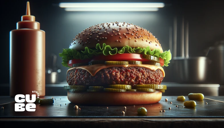 کلوزآپ ویگان‌برگر گورمه با پتی گیاهی شبیه گوشت، نان تست‌شده و سس گیاهی برای مقاله ویگان برگر چیست