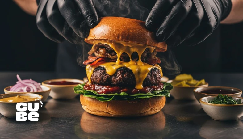 تصویر کلوزآپ از ساخت برگر به‌عنوان سرگرمی غذایی با ایستگاه سس و تاپینگ، مناسب مقاله تجربه غذا و چالش برگر