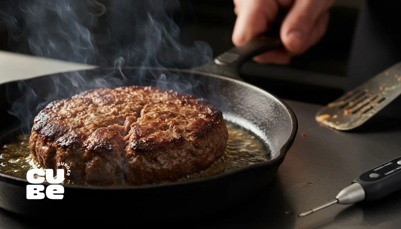 کلوزآپ پتی برگر ترک‌خورده در حال سرخ شدن روی تابه چدنی با بخار و بافت گوشت؛ تصویر آموزشی درباره علت ترک خوردن پتی و راه‌حل‌ها