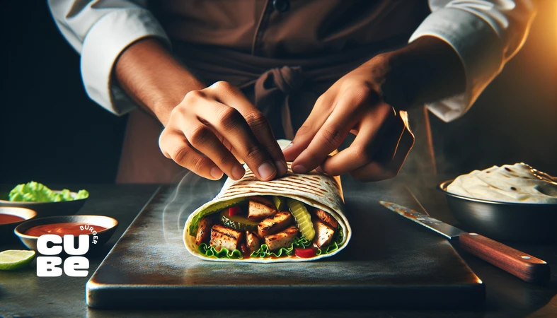 کلوزآپ پیچیدن رپ و رول با لایه‌بندی درست برای لقمه پایدار و کنترل رطوبت